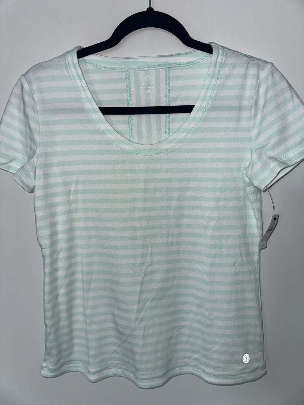 NTW by Talbots Saltwater Stripe Short Sleeve Scoop Neck T-Shirt Mint Green White